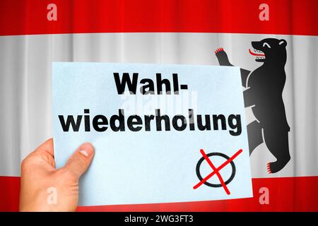 Deutschland - 2. Februar 2024: Teilwahlwiederholung der Bundestagswahl in Berlin Symbolbild, Hand mit Wahlumschlag mit der Aufschrift Wahlwiederholung vor der Berliner Flagge FOTOMONTAGE *** Teilwahlwiederholung der Bundestagswahl in Berlin Symbolbild, Hand mit Wahlumschlag mit Aufschrift Wahlwiederholung vor Berliner Flagge FOTOMONTAGE Stockfoto