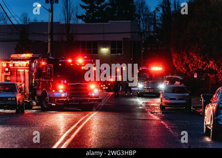 An der Stelle, an der sich ein Schützenpersonal des Everett Police Department, des Snohomish County Sheriff's Office und des South County Fire befindet, sind derzeit anwesend. Ein Mann wurde am Mittwochabend nach einer intensiven 11-stündigen Unterbrechung mit dem Everett Police Department (EPD) festgenommen. Der Vorfall ereignete sich gegen 12:32 Uhr, nachdem die Behörden einen Bericht über eine illegale Entladung von Schusswaffen aus einem Wohnhaus im Block 11100 des Paine Field Way erhalten hatten. Stockfoto