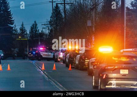 Das SWAT-Team wird an einem Ort in Everett stationiert, der sich im 11100er Block des Paine Field Way befindet. Ein Mann wurde am Mittwochabend nach einer intensiven 11-stündigen Unterbrechung mit dem Everett Police Department (EPD) festgenommen. Der Vorfall ereignete sich gegen 12:32 Uhr, nachdem die Behörden einen Bericht über eine illegale Entladung von Schusswaffen aus einem Wohnhaus im Block 11100 des Paine Field Way erhalten hatten. Stockfoto