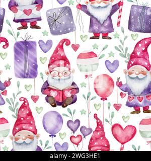 Aquarellfarben niedliche Valentinstag-Gnome für Kinder mit Herz- und Ballonmuster Stockfoto