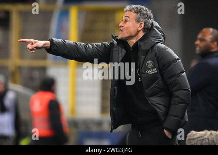 Straßburg, Frankreich. Februar 2024. Luis ENRIQUE von PSG während des Fußballspiels der französischen Meisterschaft Ligue 1 zwischen dem RC Straßburg und Paris Saint-Germain am 2. Februar 2024 im La Meinau Stadion in Straßburg, Frankreich - Foto Matthieu Mirville/DPPI Credit: DPPI Media/Alamy Live News Stockfoto