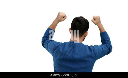 Ein Mann aus der Nähe, auf weißem Hintergrund, hob die Hände hoch Stockfoto