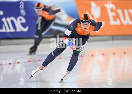 Quebec, Kanada. Februar 2024. QUEBEC, KANADA - 2. FEBRUAR 2024: Während der ISU Speed Skating World Cup im Centre de Glaces Intact Assurance in Quebec, Kanada. (Foto von David Kirouac/Orange Pictures) Credit: Orange Pics BV/Alamy Live News Stockfoto