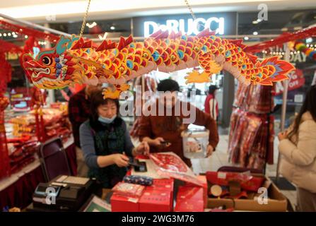Richmond, Kanada. Februar 2024. Die Besucher besuchen am 2. Februar 2024 die chinesische Neujahrsblume und Geschenkmesse in Richmond, British Columbia, Kanada. Die Messe begann hier am Freitag mit etwa hundert Ständen, die viele Besucher anzogen, um für das kommende chinesische Mondneujahr einzukaufen. Quelle: Liang Sen/Xinhua/Alamy Live News Stockfoto
