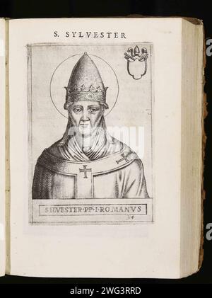 Ein Gravur von Papst Sylvester I. aus dem Jahr 1580, der von 314 bis 335 päpstlich war. Er war der 33. Papst. Stockfoto