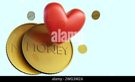 Nahaufnahme 3D-Rendering einer roten, herzförmigen Schweinebank, gefüllt mit glänzenden Goldmünzen. Stockfoto