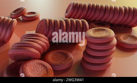 3D-Rendering von Rouleaux, dies sind Stapel oder Aggregationen von roten Blutkörperchen (Erythrozyten), die an Münzhaufen erinnern. Stockfoto