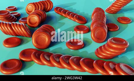 3D-Rendering von Rouleaux, dies sind Stapel oder Aggregationen von roten Blutkörperchen (Erythrozyten), die an Münzhaufen erinnern. Stockfoto