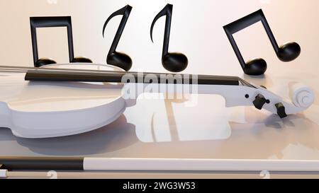 3D-Wiedergabe von Noten und weißer Geige auf weißem Hintergrund Stockfoto