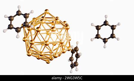 3D-Rendering von Benzolmolekülen konjugierte Gold(Au)Nanopartikel (NPS) auf weißem Hintergrund Stockfoto