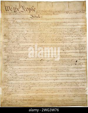 Erste Seite der handschriftlichen Originalausgabe der US-Verfassung Stockfoto