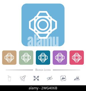 Spotlight studio reflector front view outline white flat icons on color rounded square backgrounds. 6 bonus icons included Stock Vektor