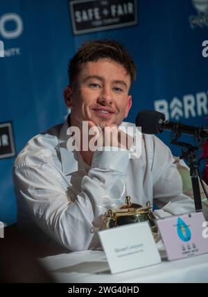 Cambridge, Usa. Februar 2024. Der irische Schauspieler Barry Keoghan reagierte auf einer Pressekonferenz, nachdem er am Freitag, den 2. Februar 2024, an der Harvard University in Cambridge, MA, zum Mann des Jahres 2024 gekürt wurde. Foto: Amanda Sabga/UPI Credit: UPI/Alamy Live News Stockfoto