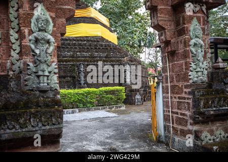 Mae Sai, Thailand. Januar 2024. Ein Affe auf der Steinpagode des Tempels Wat Tham Pla. Wat Tham Pla (Höhlenfischtempel) wird auch als „Affentempel“ für thailändische Einheimische bezeichnet und liegt 16 Kilometer von Mae Sai, der nördlichsten Stadt Thailands, entfernt. (Foto: Guillaume Payen/SOPA Images/SIPA USA) Credit: SIPA USA/Alamy Live News Stockfoto