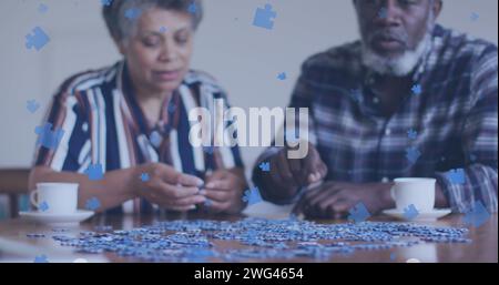 Das Bild eines Puzzles über das afroamerikanerpaar, das spricht Stockfoto