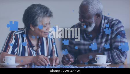 Das Bild eines Puzzles über das afroamerikanerpaar, das spricht Stockfoto