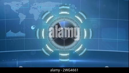 Bild des Scans und der Datenverarbeitung von Oszilloskopen über Bildschirm und Weltkarte auf blauem Hintergrund Stockfoto