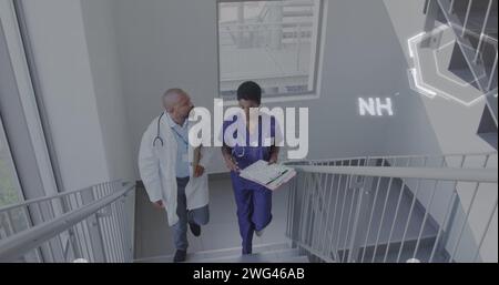 Bild des dna-Strangs und der Datenverarbeitung über verschiedene Ärzte Stockfoto