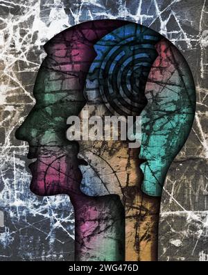 Schizophrenie männlichen Kopf Silhouette. Illustration mit drei stilisierten männlichen Köpfen auf Grunge-Textur, die die Schizophrenie-Depression symbolisiert. Stockfoto