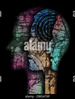 Schizophrenie männlichen Kopf Silhouette. Illustration mit drei stilisierten männlichen Köpfen auf Grunge-Textur, die die Schizophrenie-Depression symbolisiert. Stockfoto