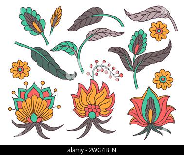 Sammlung von Blumenmotiven im indischen Stil, isoliert auf weiß Stock Vektor