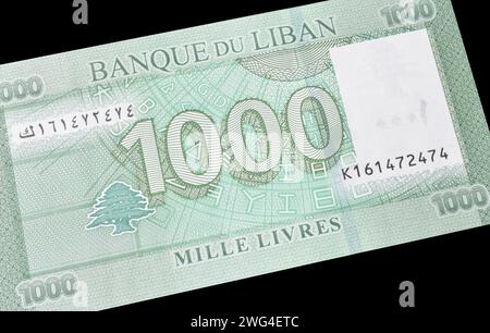 Umkehrung der 1000-Livres-Banknote, gedruckt vom Libanon, mit Zahlenwert Stockfoto