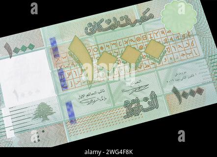 Vorderseite der vom Libanon gedruckten 1000-Livres-Banknote mit arabischer Schrift Stockfoto