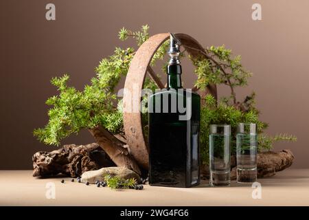 Gin in Vintage-Flasche mit rostigem Eisenrad, alten Schlangen und wacholderzweigen mit Beeren. Setzen Sie das Etikett auf die Flasche. Stockfoto