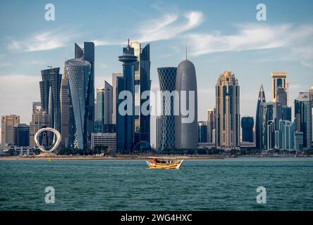 Doha, Katar - 2. Februar 2024: Die Panorama-Skyline von Doha, Katar während Sonnenaufgang Sonnenuntergang Stockfoto