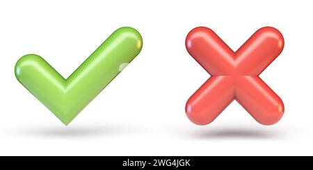 Grünes korrektes und rotes falsches Zeichen 3D-Rendering-Illustration isoliert auf weißem Hintergrund Stockfoto