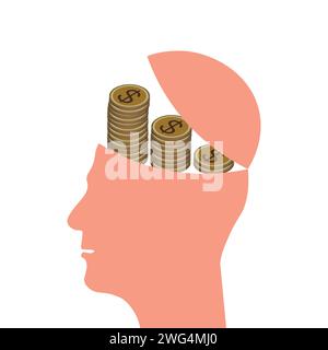 Mann Kopf mit Münzen im Gehirn, Vektor-Illustration des Finanzkonzepts Stock Vektor