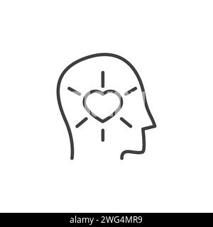 Lineare Silhouette des menschlichen Kopfes mit einem Herzen im Inneren. Symbol für die Kontur des Vektors für Einfühlungsvermögen. Freundlichkeit, Mitgefühl, verliebtes Konzept. Vektor in Doodle Hand gezeichnet Stock Vektor