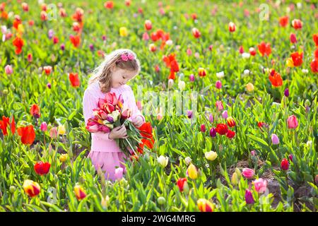 Kind im Tulpenblumenfeld. Ein kleines Mädchen schneidet frische Tulpen in einem sonnigen Sommergarten. Kind mit Blumenstrauß zum Muttertag oder Geburtstagsgeschenk. Stockfoto