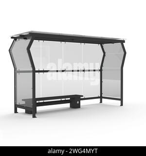 Eine 3D-Darstellung eines modernen Busunterstands auf weißem Hintergrund Stockfoto