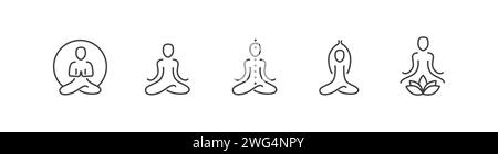 Meditation und Yoga Praxis Konturierung Vektorsymbole gesetzt. Sammlung einfacher Minimalelemente von Asanas. Entspannung, geistige Konzentration, spiritueller prac Stock Vektor
