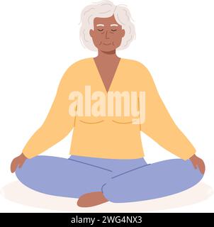 Moderne ältere afrikanerin mit überkreuzten Beinen und geschlossenen Augen meditierend. Ältere Oma sitzt und übt Yoga, Achtsamkeitsmeditation, Brea Stock Vektor