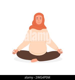 Schwangere muslimische Frau meditiert. Pränatales Yoga. Moderne liberale arabische Mutter im Hijab sitzend mit überkreuzten Beinen Meditation praktizierend. Entspannende Übung d Stock Vektor