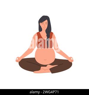 Meditierende schwangere Frau. Quadratisches Banner für pränatales Yoga. Frau sitzt mit überkreuzten Beinen. Entspannende Meditationsübung während der Schwangerschaft. Mutter mit Stock Vektor
