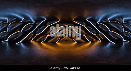 Abstrakte dar futuristische Studiowand goldene und blaue Beleuchtung und runde geometrische Shapes360 Panorama vr-Umgebungskarte Stockfoto