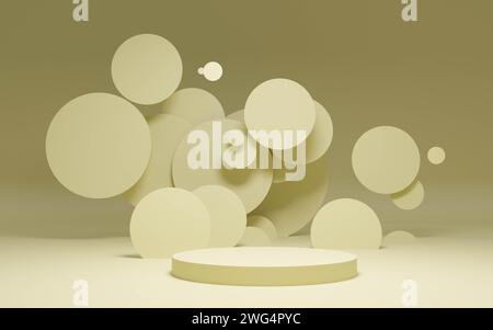Ein Plattformpodium für Präsentationszwecke. Abstrakte Konzeptkunst Installation von Kugeln und Kreisen in einem monochromen 3D-Rendering Stockfoto
