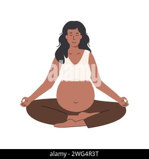 Meditierende schwangere Frau. Pränatales Yoga. Frau sitzt mit überkreuzten Beinen. Entspannende Meditationsübung während der Schwangerschaft. Mutterfigur mit Bauch Stock Vektor