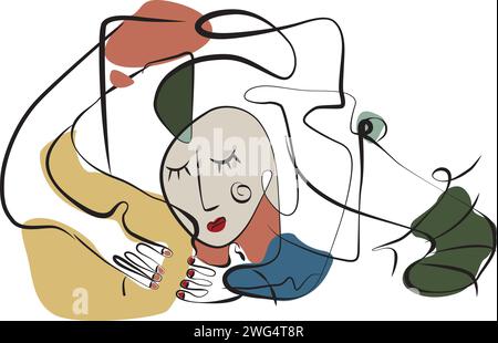 Abstrakte Illustration einer Frau, geschlossene Augen, die an ihren Gedanken und Träumen festhält, Linie Art farbenfroher Traum wie Wanddekoration Stockfoto