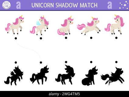 Einhornschatten-passende Aktivität mit niedlichen Pferden mit Hörnern und rosa Mähne. Magische Welt Puzzle mit niedlichen Charakteren. Suchen Sie die richtige Silhouette, die gedruckt werden kann Stock Vektor