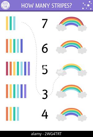 Kombiniere das Zahlen-Einhornspiel mit Regenbogen, Wolken und farbigen Streifen. Magische oder märchenhafte Mathe-Aktivität für Vorschulkinder. Fantasy-Welt oder Farbe l Stock Vektor