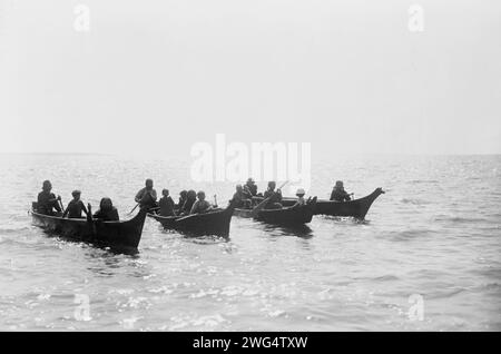 An der Shoalwater Bay, 1913. Vier Kanus auf einem großen Gewässer. Stockfoto