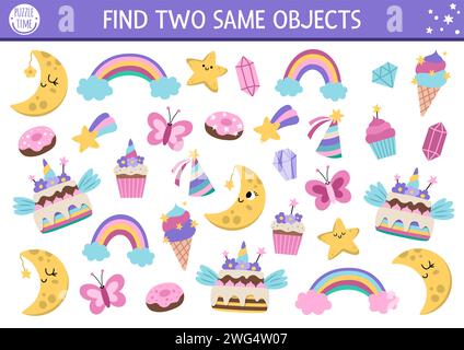 Suchen Sie zwei gleiche Objekte. Magic World Matching-Aktivität für Kinder für Einhorn-Mottopartys. Fantasy- oder märchenhaftes Lernquiz-Arbeitsblatt für Kinder f Stock Vektor