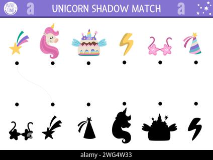 Einhornschatten passend mit Regenbogenkuchen, Geburtstagskappe, fallendem Stern. Magische Welt Puzzle mit niedlichen Charakteren. Finde den richtigen Silhouettendruck Stock Vektor