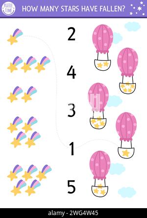Das Einhornspiel mit gefallenen Sternen und Heißluftballon ist perfekt. Magische, märchenhafte oder weltraummathematische Aktivitäten für Vorschulkinder. Fantasy World Education Stock Vektor