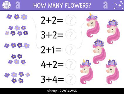 Wie viele Blumen spielen mit niedlichem Einhornkopf und rosa Mähne. Magische, märchenhafte Mathe-Addition-Aktivität für Vorschulkinder. Einfaches Fantasy World-Motiv Stock Vektor
