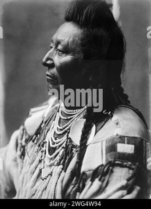 Viele Coups, Krähenindianer, Kopf-und-Schultern-Porträt, nach links gerichtet, Pompadour, Bügelflechte, perlenbesetztes Hemd aus Buckskin, Muschelperlen um den Hals, 1908. Stockfoto